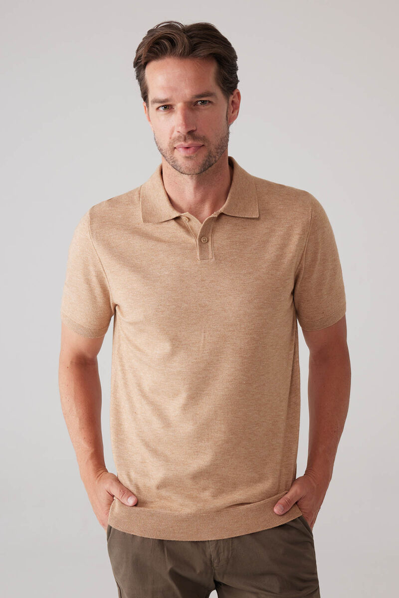 Erkek Camel Slim Fit Kaşmir Karışımlı Polo Yaka Tişört - 1