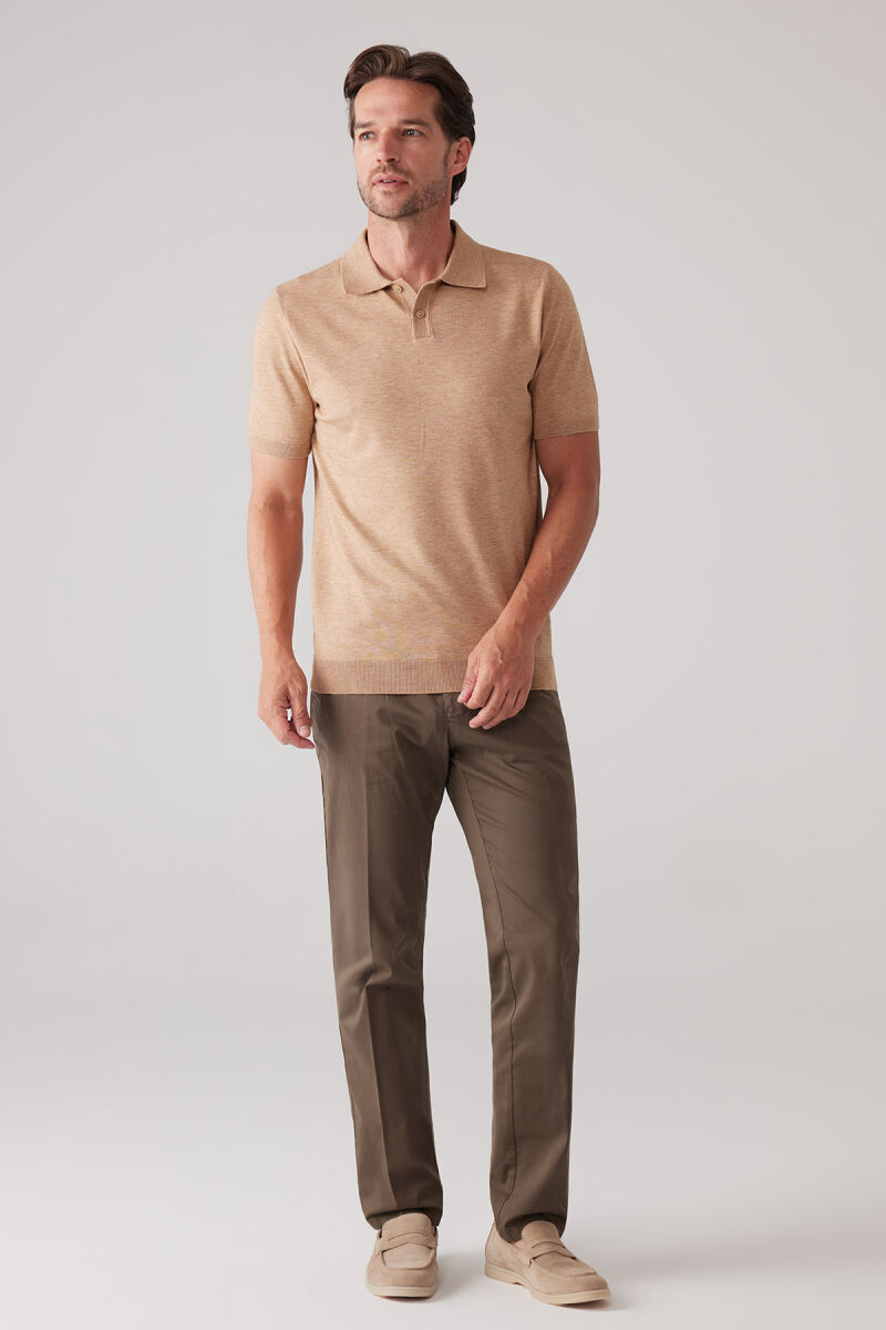 Erkek Camel Slim Fit Kaşmir Karışımlı Polo Yaka Tişört - 2