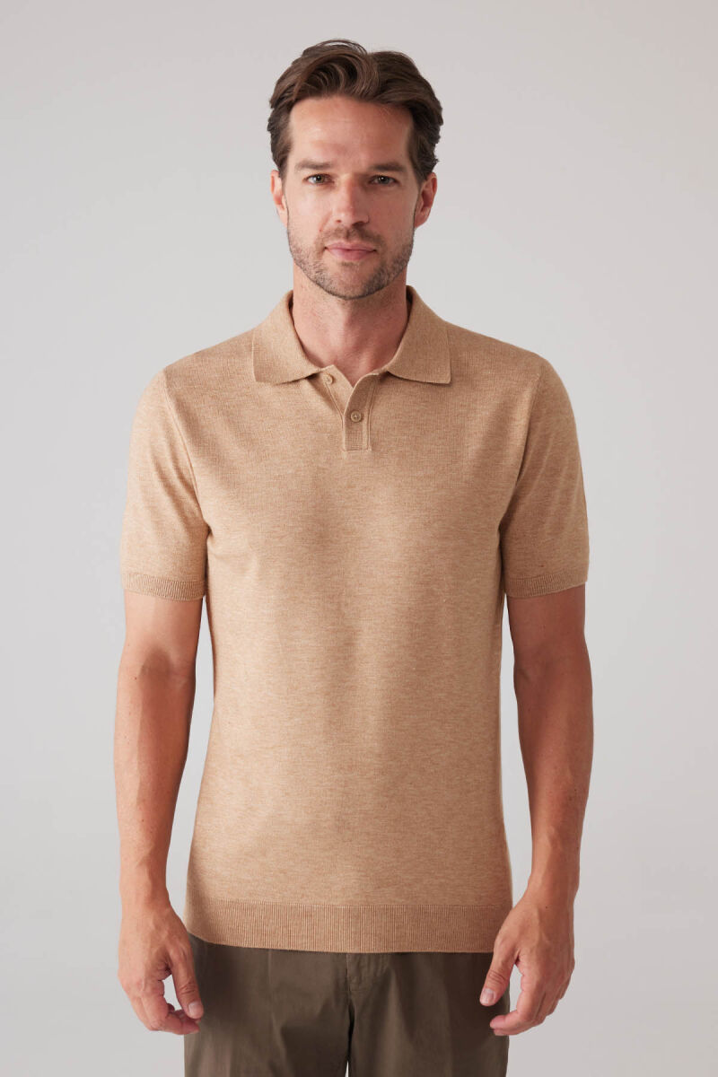 Erkek Camel Slim Fit Kaşmir Karışımlı Polo Yaka Tişört - 3