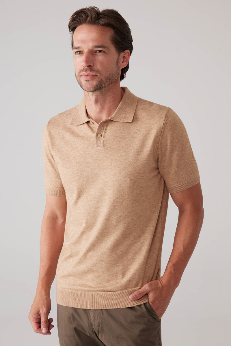 Erkek Camel Slim Fit Kaşmir Karışımlı Polo Yaka Tişört - 4