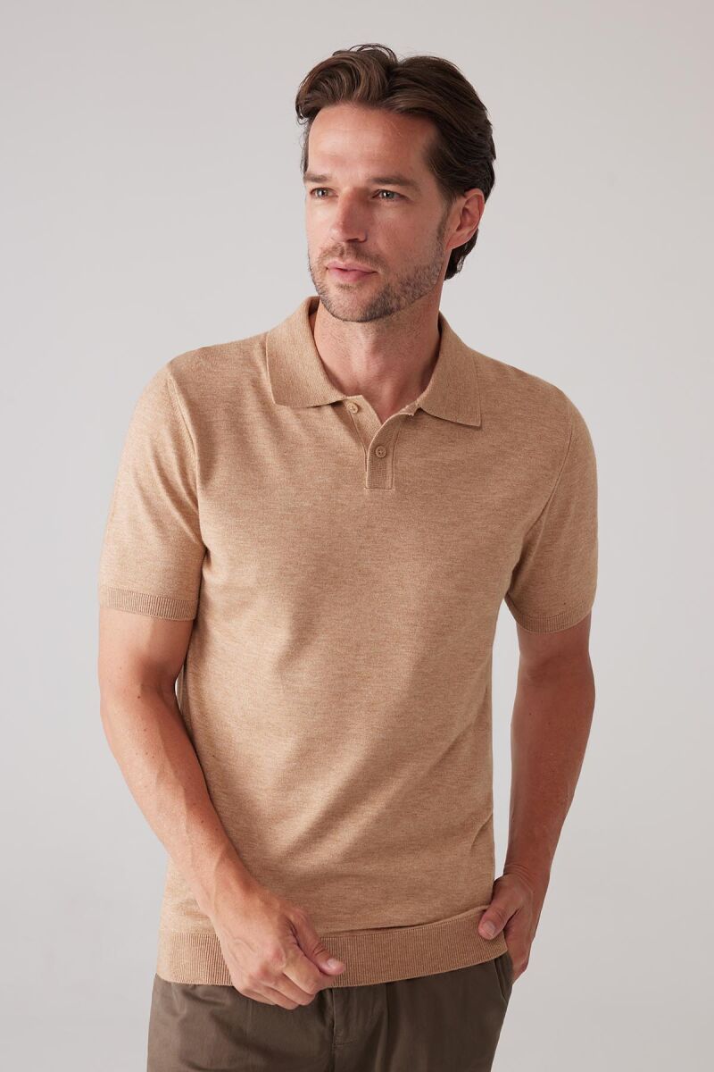 Erkek Camel Slim Fit Kaşmir Karışımlı Polo Yaka Tişört - 5