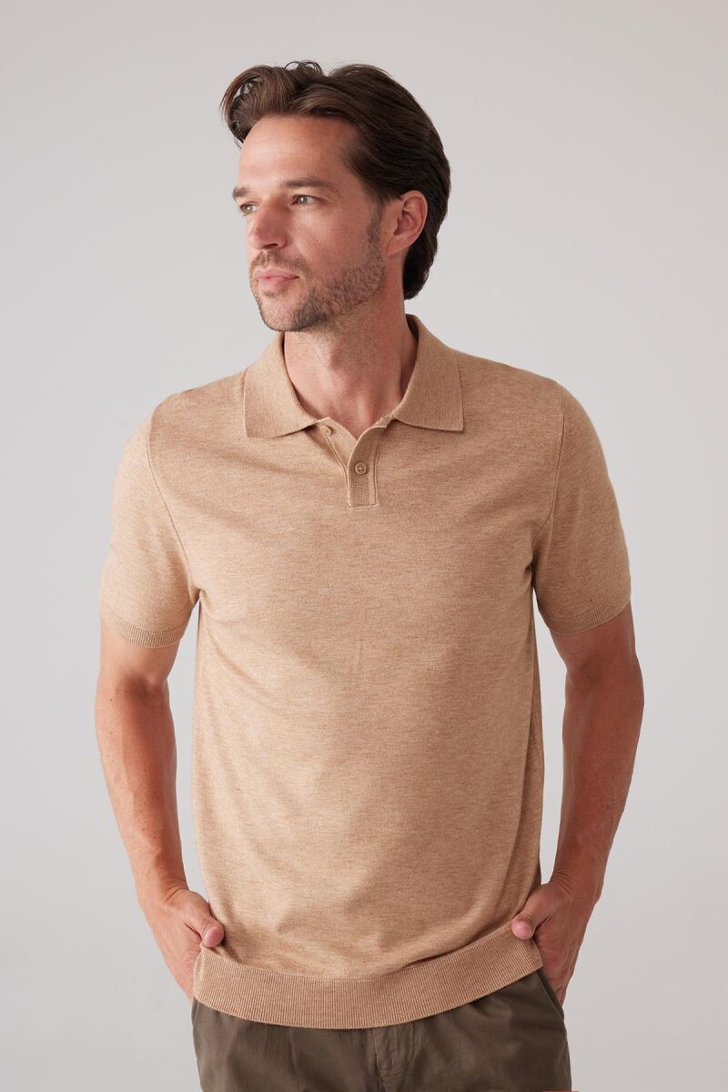 Erkek Camel Slim Fit Kaşmir Karışımlı Polo Yaka Tişört - 6