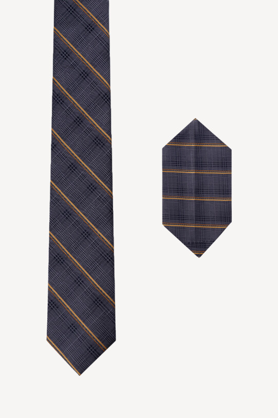 Erkek Lacivert Çizgili Kravat Mendil Set - YSF