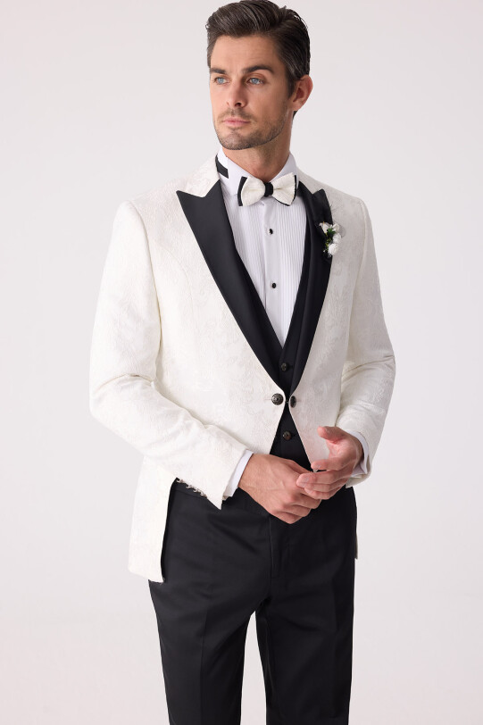 Erkek Ekru Silim Fit Desenli Damatlık