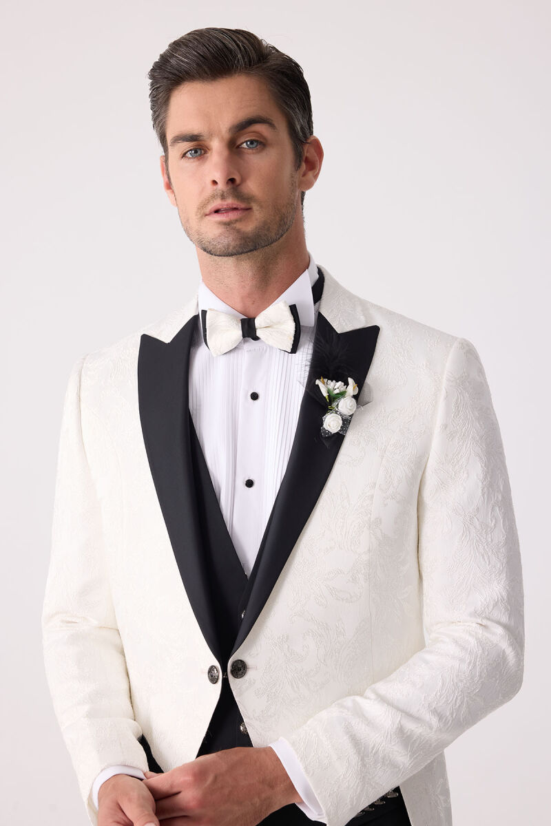 Erkek Ekru Silim Fit Desenli Damatlık - 6