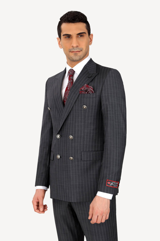 Erkek Füme Çizgili Regular Fit Kruvaze Takım Elbise