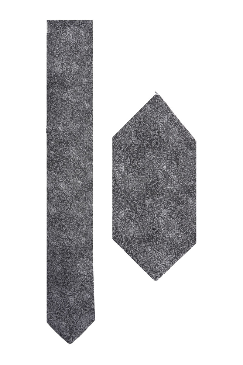 Erkek Füme Desenli Kravat & Mendil Set - 1