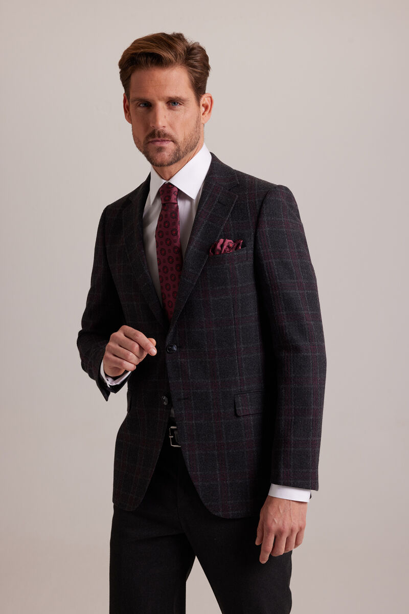 Erkek Füme Kışlık Yünlü Regular Fit Ekose Desenli Tek Ceket - 3