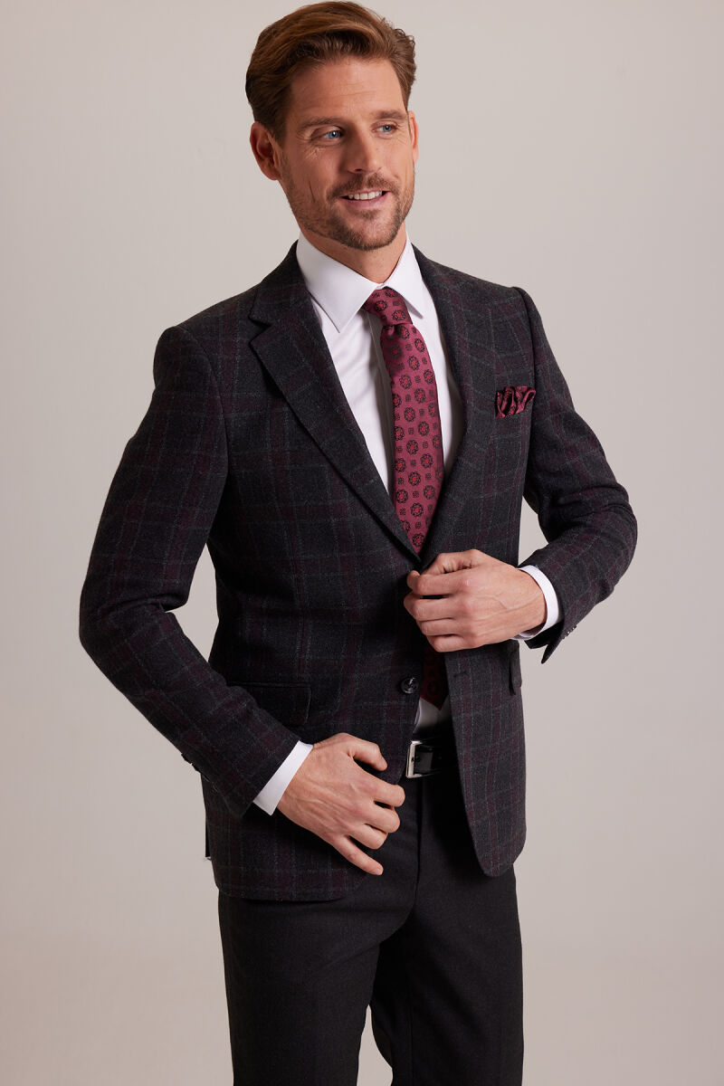 Erkek Füme Kışlık Yünlü Regular Fit Ekose Desenli Tek Ceket - 7