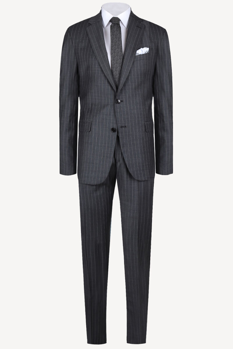 Erkek Füme Klasik %100 Yün Çizgili Takım Elbise - 1