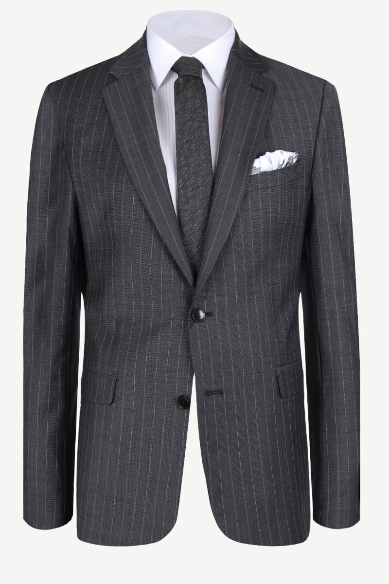 Erkek Füme Klasik %100 Yün Çizgili Takım Elbise - 2