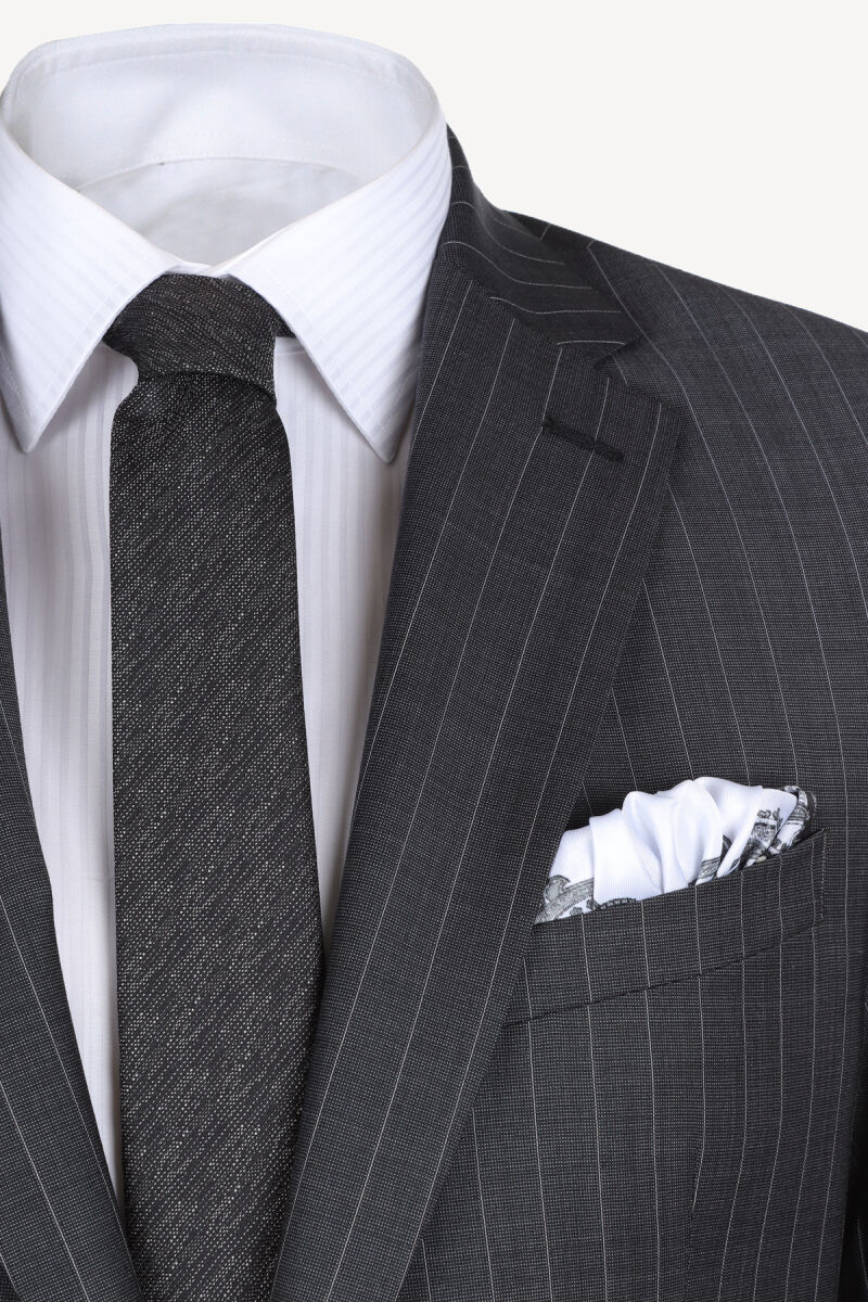 Erkek Füme Klasik %100 Yün Çizgili Takım Elbise - 3