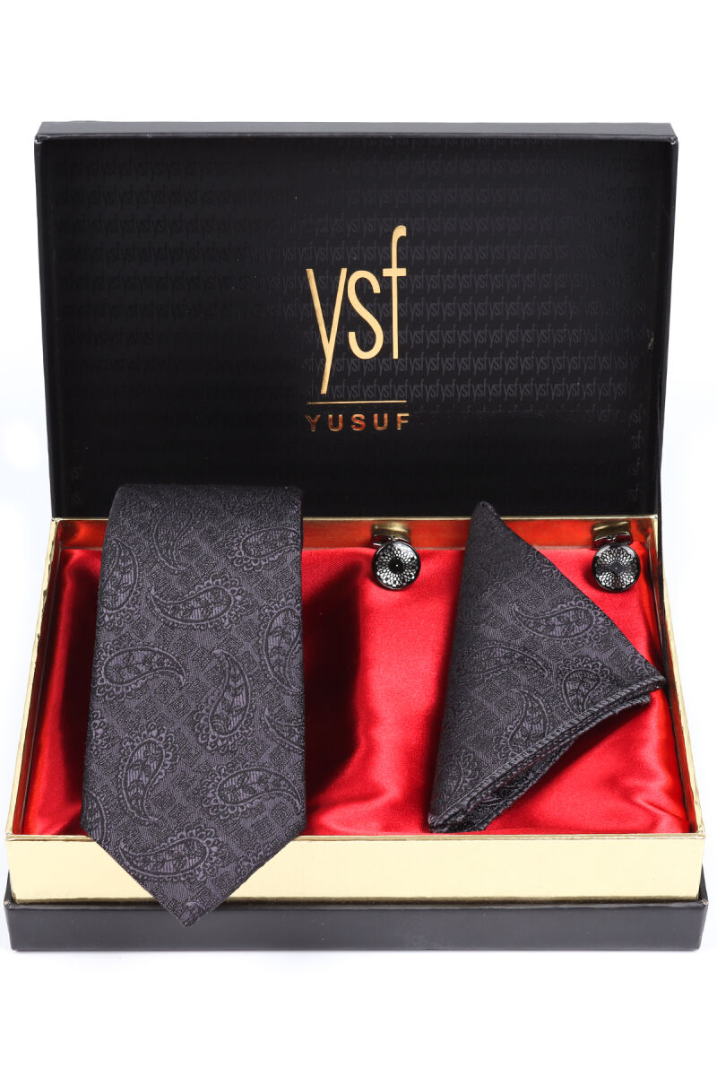 Erkek Füme Kravat Mendil Kol Düğmesi Set - 1