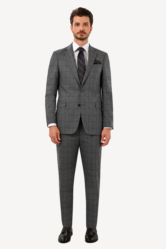 Erkek Füme Regular Fit Çift Yırtmaç Takım Elbise