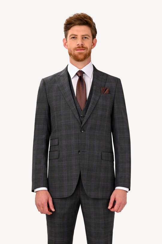 Erkek Füme Regular Fit Ekose Yelekli Takım Elbise