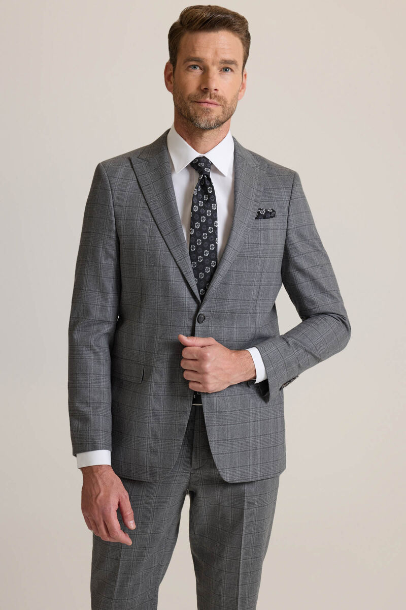 Erkek Füme Regular Fit Kareli Sivri Yaka Takım Elbise - 1