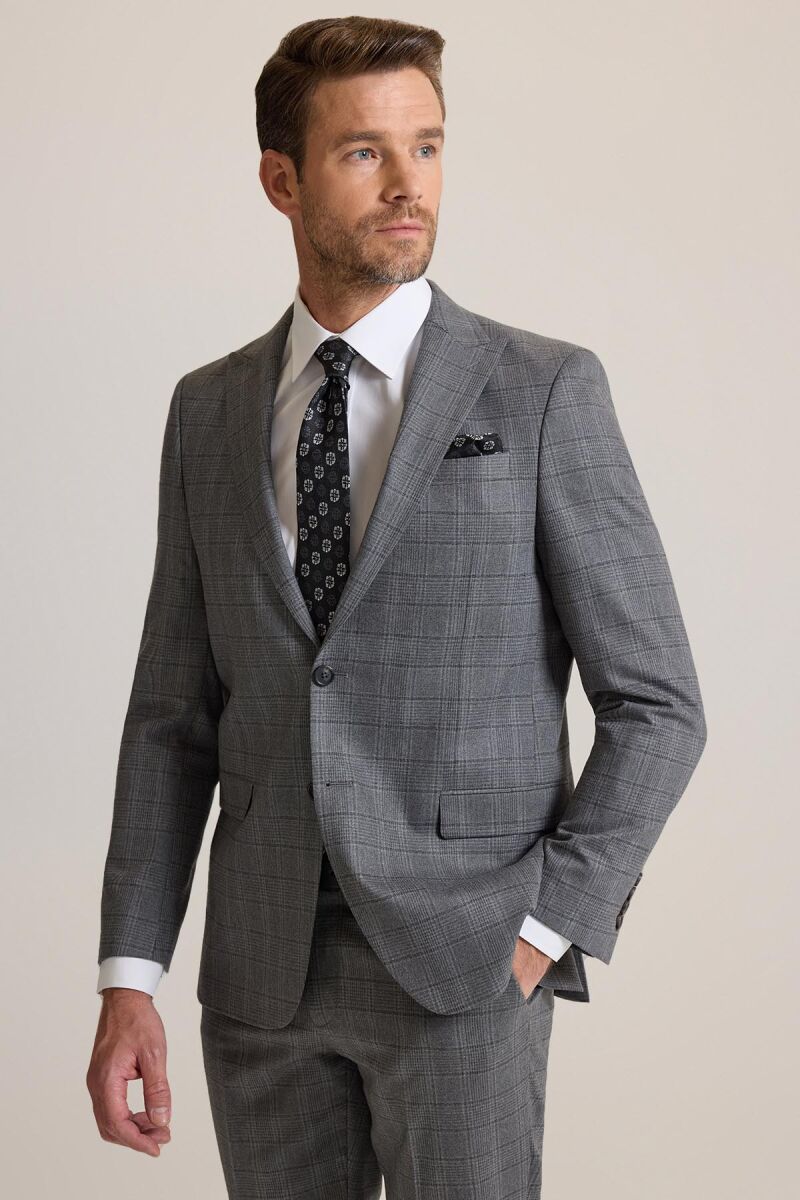 Erkek Füme Regular Fit Kareli Sivri Yaka Takım Elbise - 2
