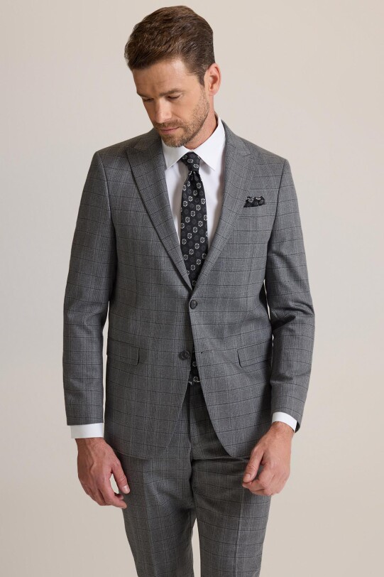 Erkek Füme Regular Fit Kareli Sivri Yaka Takım Elbise