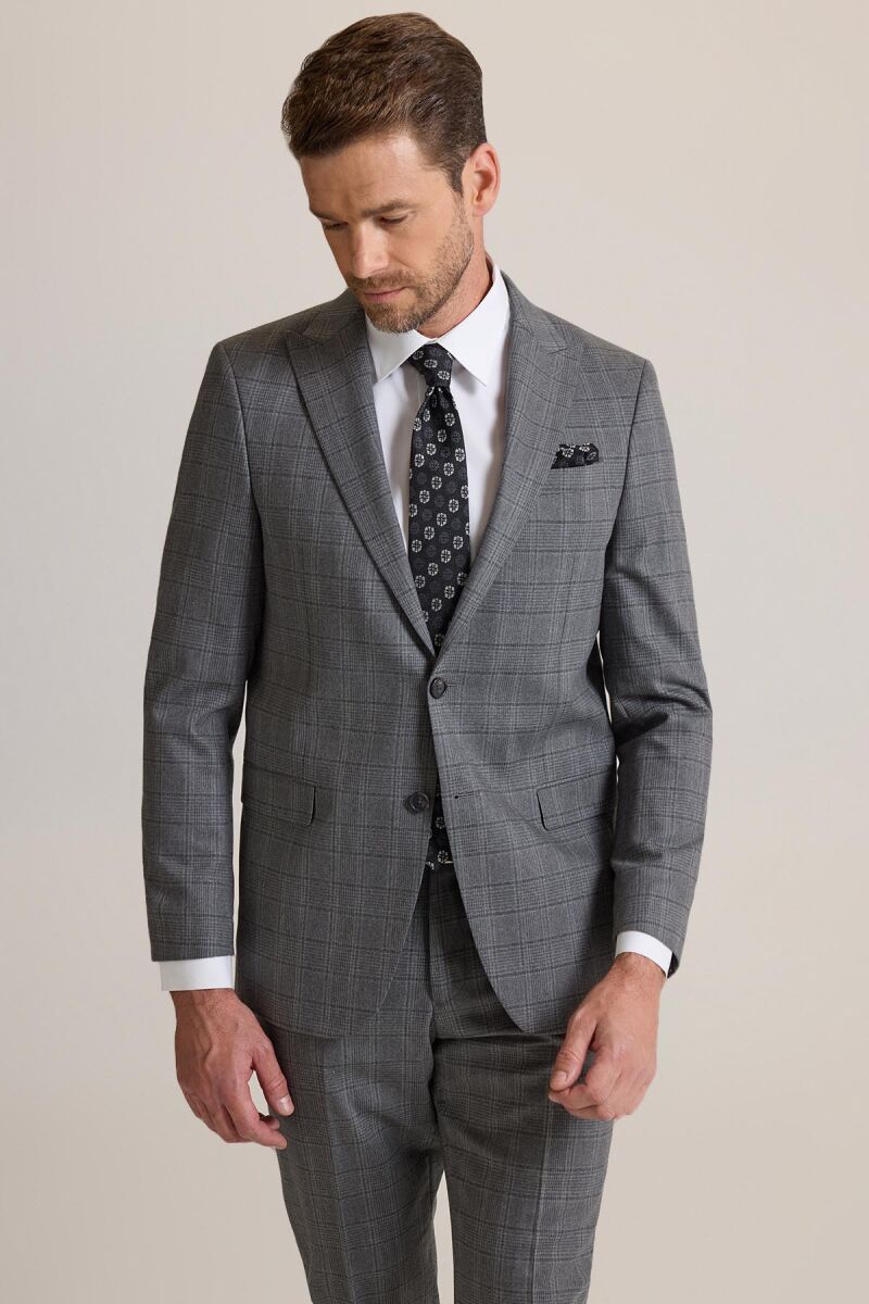Erkek Füme Regular Fit Kareli Sivri Yaka Takım Elbise - 3