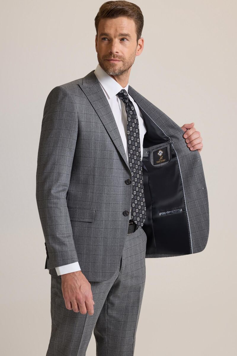Erkek Füme Regular Fit Kareli Sivri Yaka Takım Elbise - 4