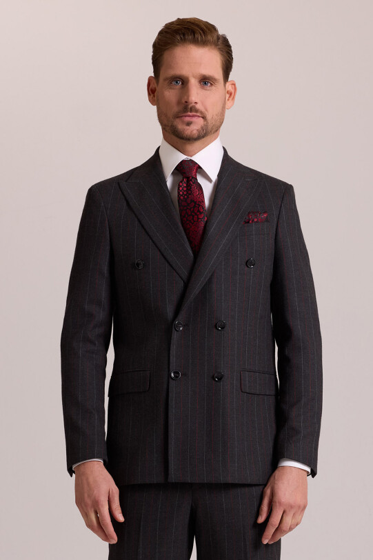 Erkek Füme Regular Fit Kruvaze Yün Takım Elbise