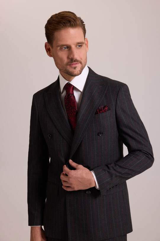 Erkek Füme Regular Fit Kruvaze Yün Takım Elbise