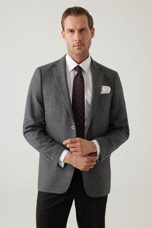 Erkek Füme Regular Fit Mono Yaka Kışlık Yünlü Ceket