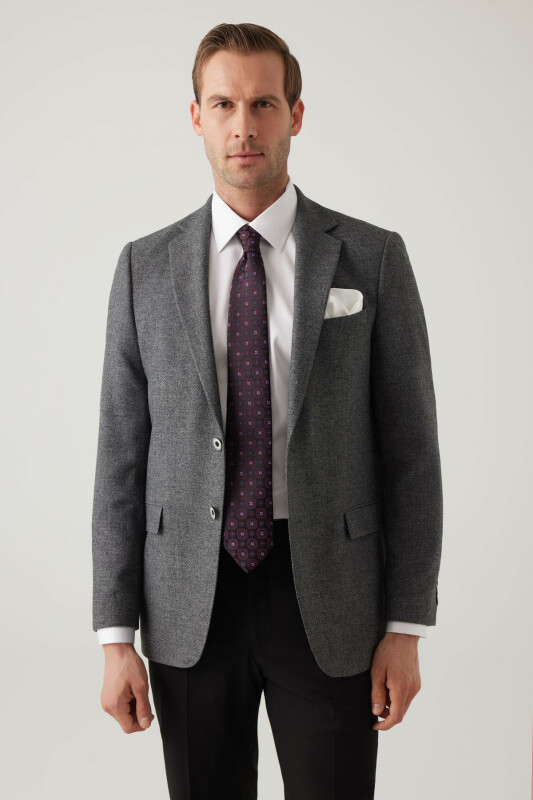 Erkek Füme Regular Fit Mono Yaka Kışlık Yünlü Ceket