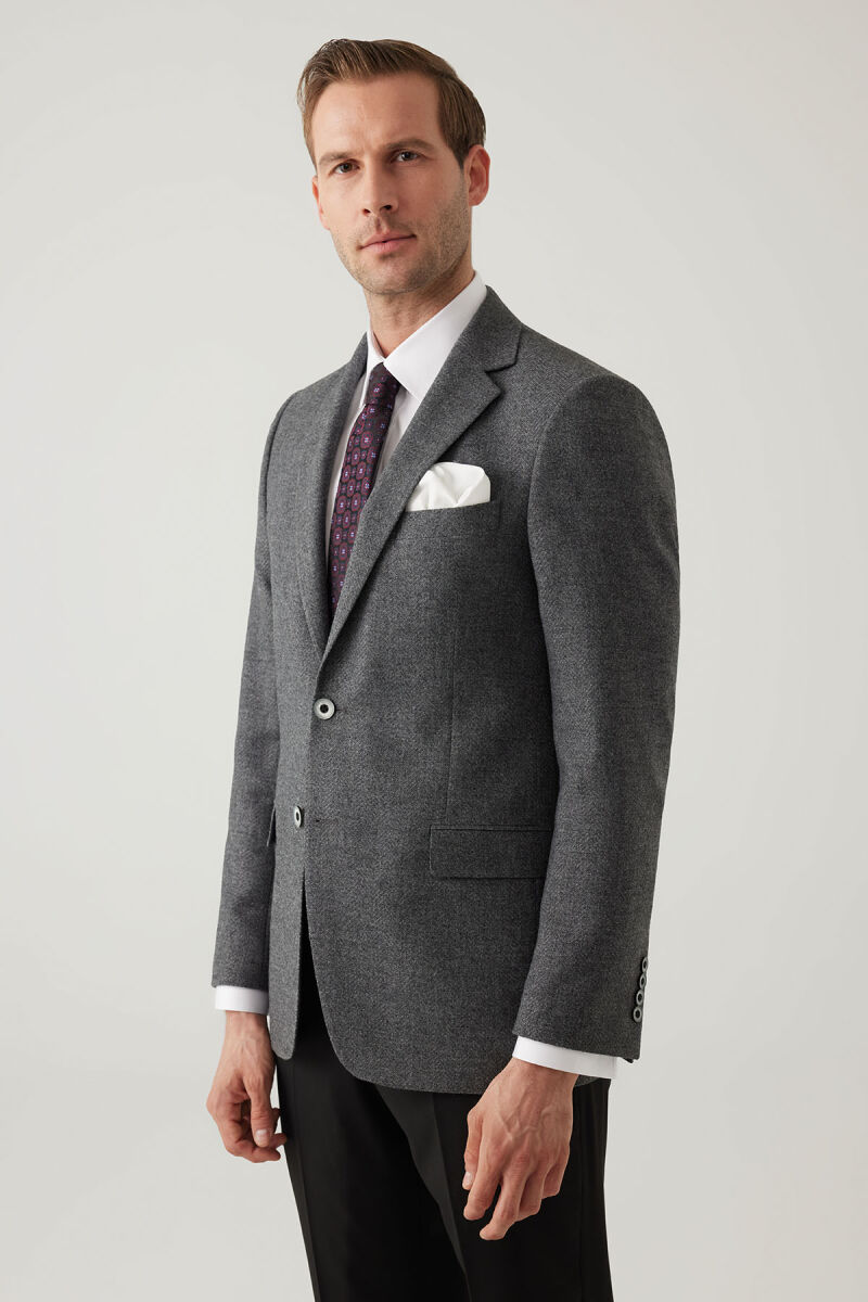 Erkek Füme Regular Fit Mono Yaka Kışlık Yünlü Ceket - 5