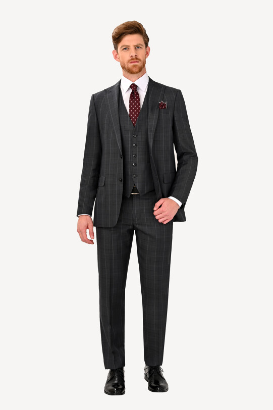 Erkek Füme Regular Fit Sivri Yaka Yelekli Takım Elbise