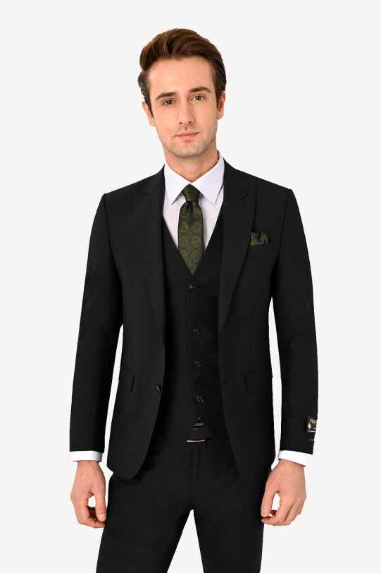 Erkek Füme Slim Fit Yelekli Sivri Yaka Desenli Takım Elbise