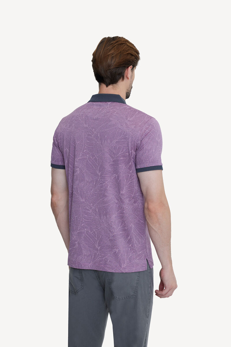 Erkek Fuşya Pembe Polo Yaka Pamuklu Desenli T-shirt - 4