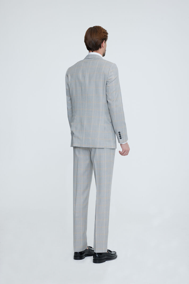 Erkek Gri Bej Regular Fit Ekose Takım Elbise - 5