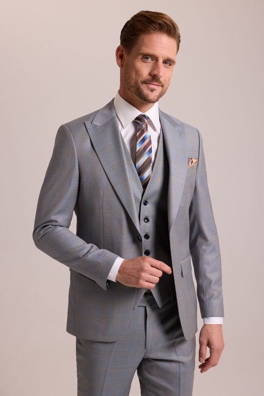 Erkek Gri Bej Slim Fit Sivri Yaka Yelekli Yün Takım Elbise