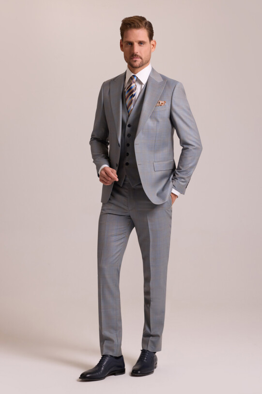 Erkek Gri Bej Slim Fit Sivri Yaka Yelekli Yün Takım Elbise