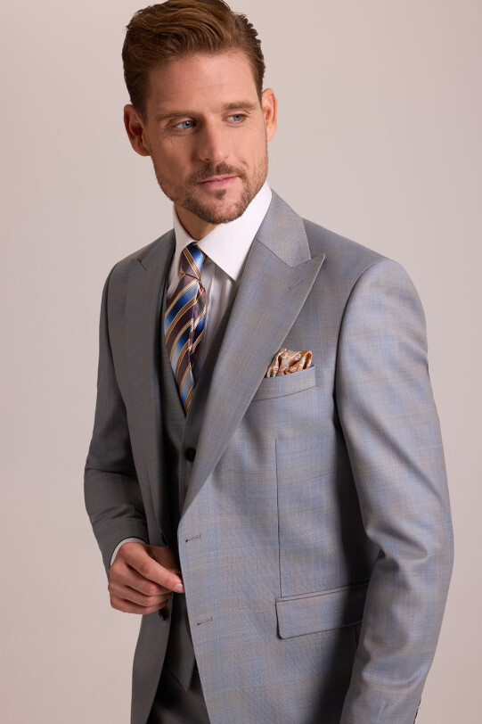 Erkek Gri Bej Slim Fit Sivri Yaka Yelekli Yün Takım Elbise