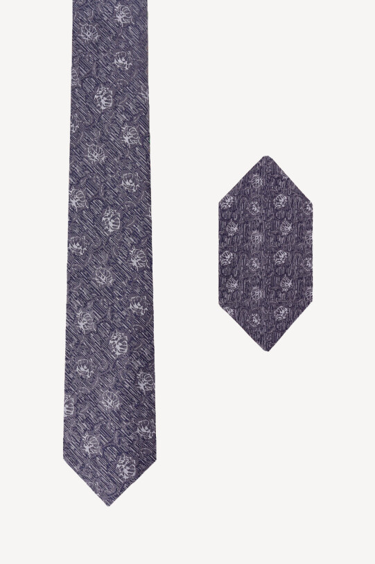 Erkek Gri Çiçek Desenli Kravat Mendil Set - YSF