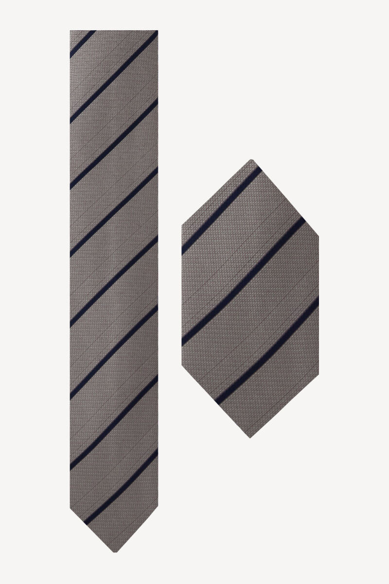 Erkek Gri Çizgili Desenli Kravat Mendilli Set - 1