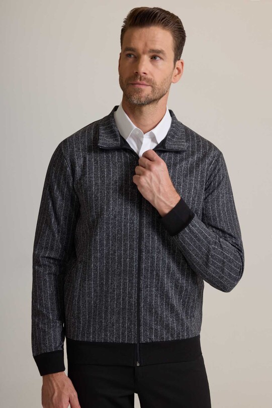 Erkek Gri Çizgili Fermuarlı Çizgi Desenli Sweatshirt