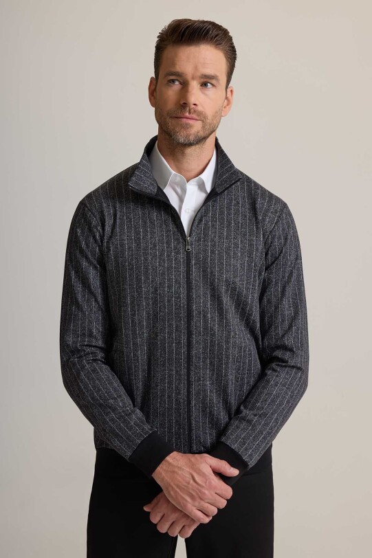 Erkek Gri Çizgili Fermuarlı Çizgi Desenli Sweatshirt