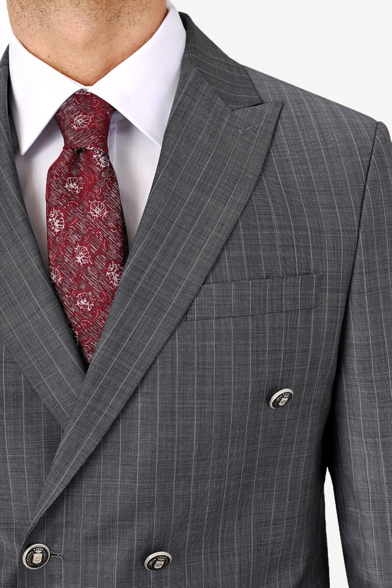 Erkek Gri Çizgili Regular Fit Kruvaze Takım Elbise - 4