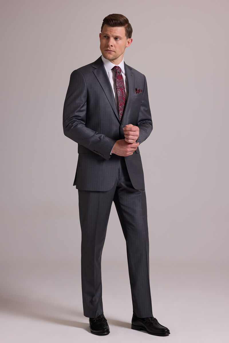 Erkek Gri Çizgili Regular Fit Mono Yaka %100 Yün Çizgili Takım Elbise - 1