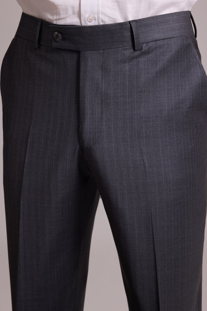 Erkek Gri Çizgili Regular Fit Mono Yaka %100 Yün Çizgili Takım Elbise - 10