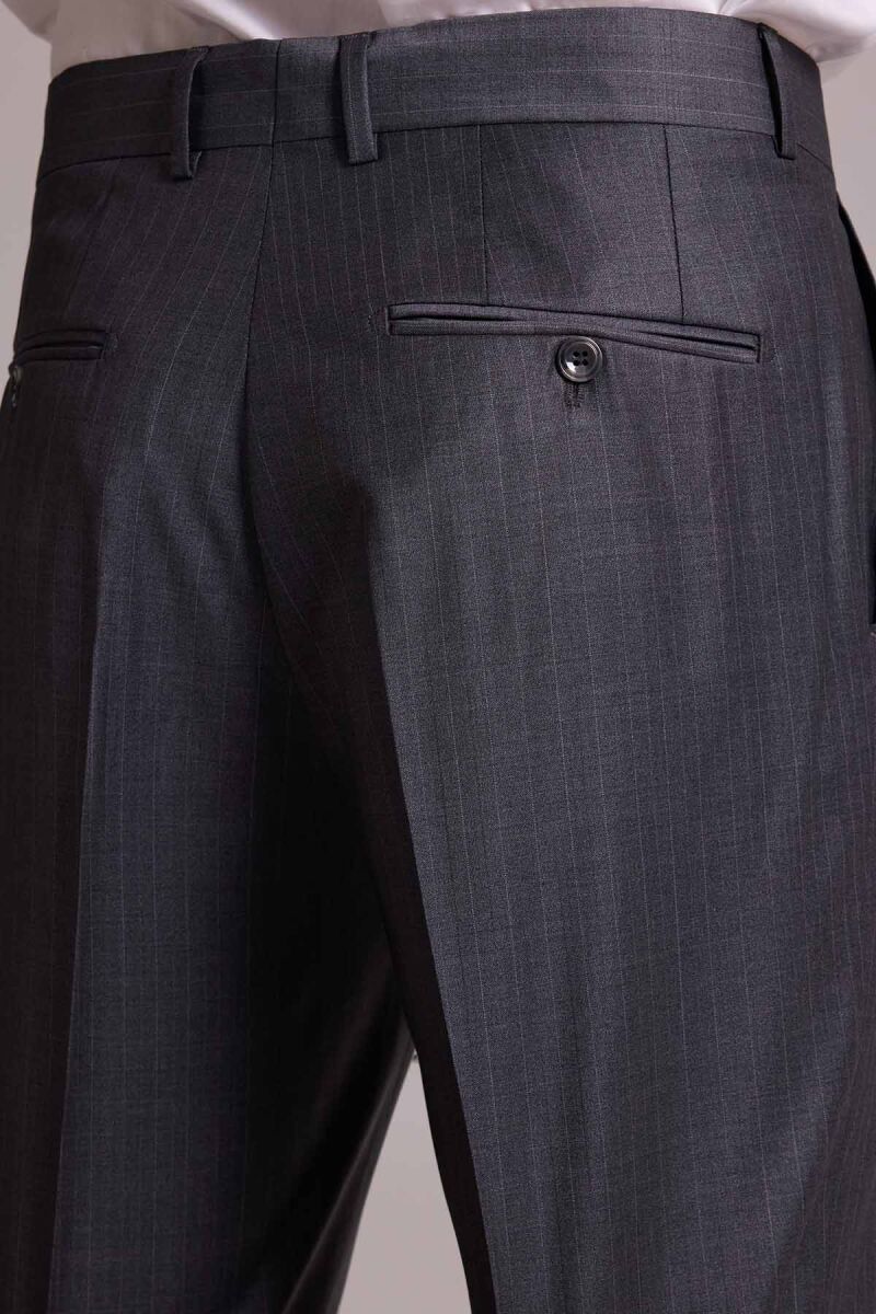 Erkek Gri Çizgili Regular Fit Mono Yaka %100 Yün Çizgili Takım Elbise - 11