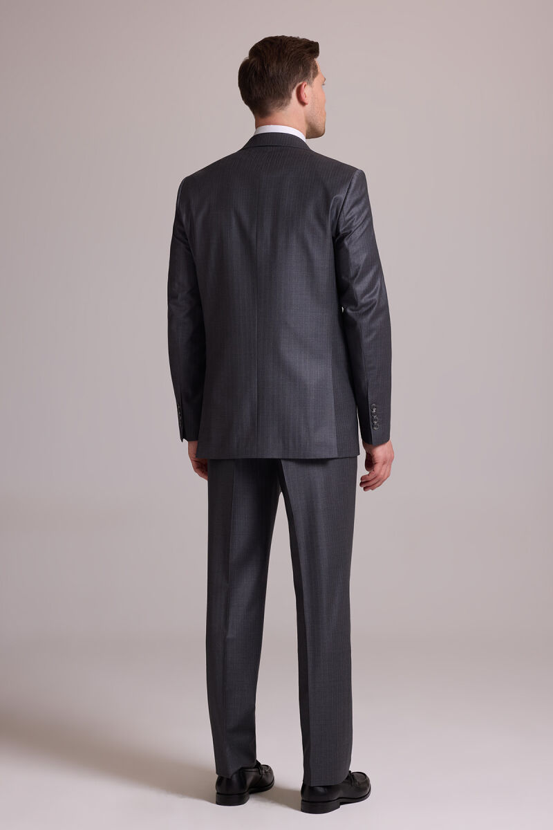 Erkek Gri Çizgili Regular Fit Mono Yaka %100 Yün Çizgili Takım Elbise - 12