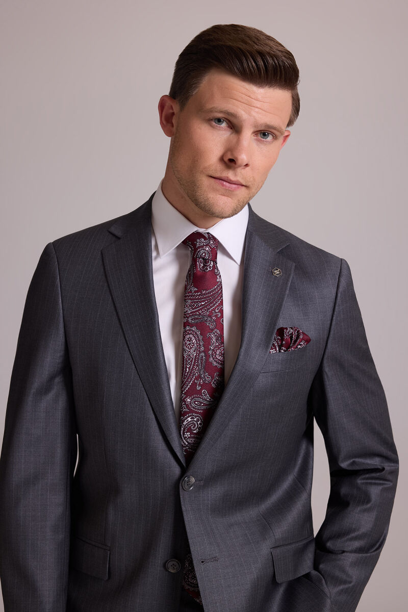 Erkek Gri Çizgili Regular Fit Mono Yaka %100 Yün Çizgili Takım Elbise - 2