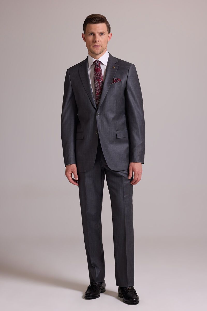 Erkek Gri Çizgili Regular Fit Mono Yaka %100 Yün Çizgili Takım Elbise - 3