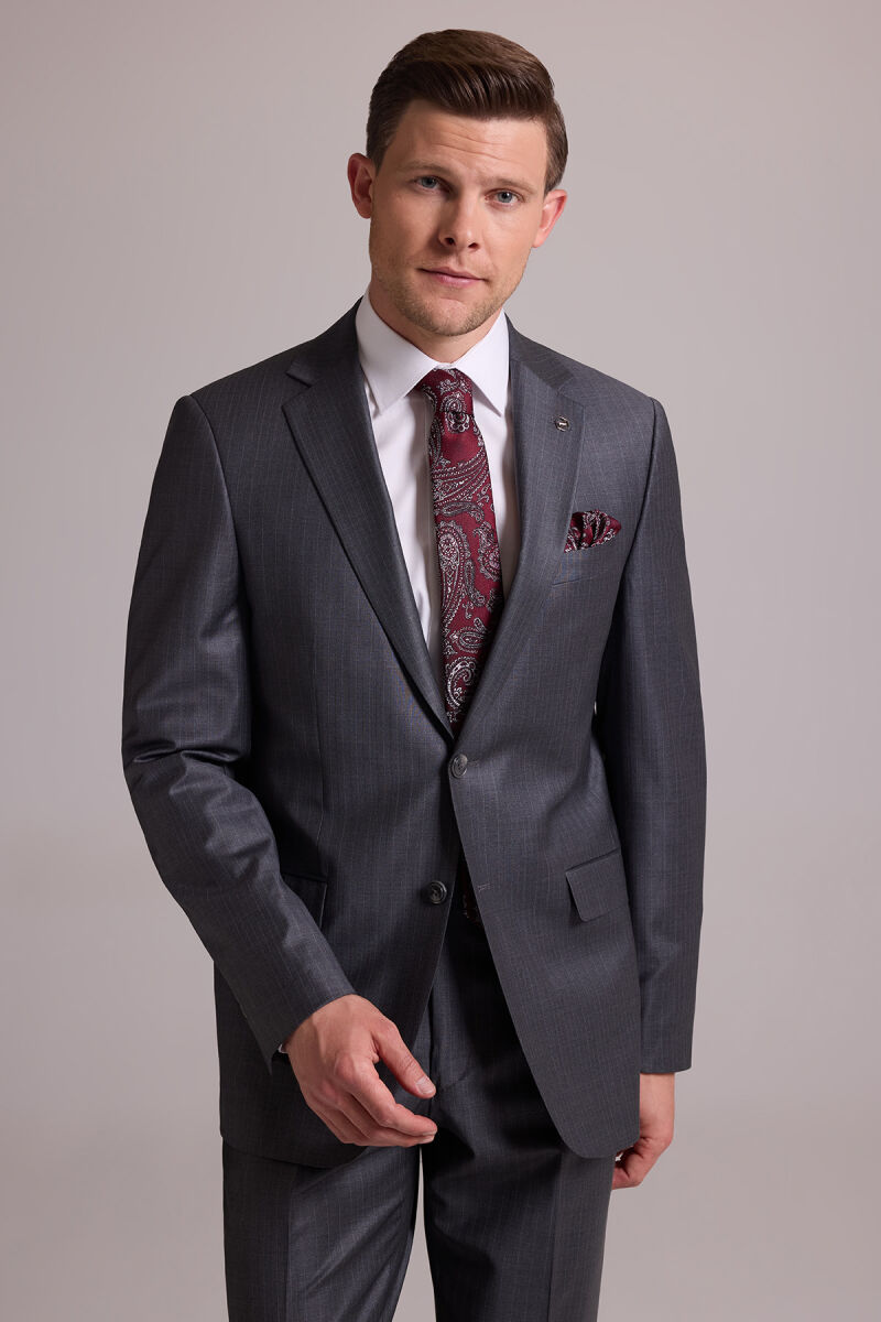 Erkek Gri Çizgili Regular Fit Mono Yaka %100 Yün Çizgili Takım Elbise - 4