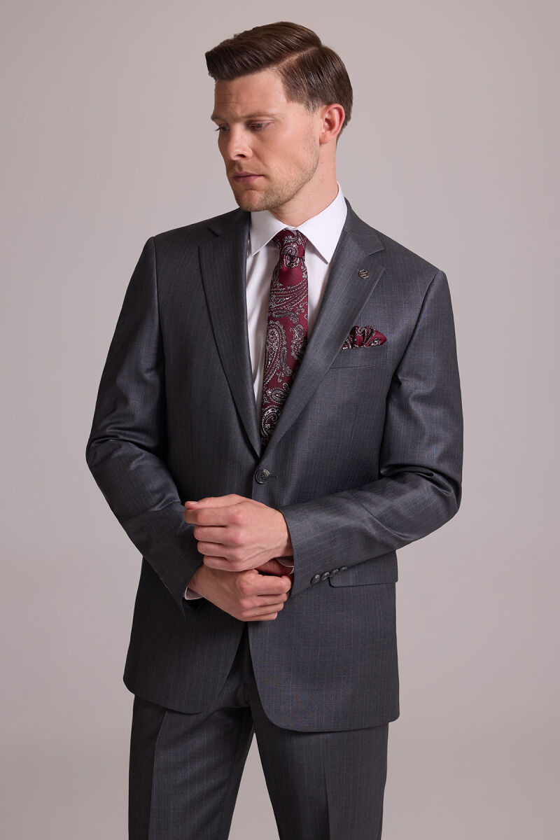 Erkek Gri Çizgili Regular Fit Mono Yaka %100 Yün Çizgili Takım Elbise - 5