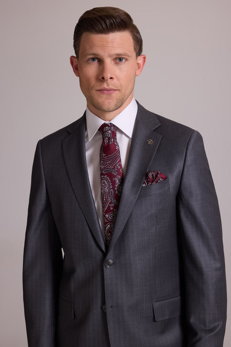 Erkek Gri Çizgili Regular Fit Mono Yaka %100 Yün Çizgili Takım Elbise - 6